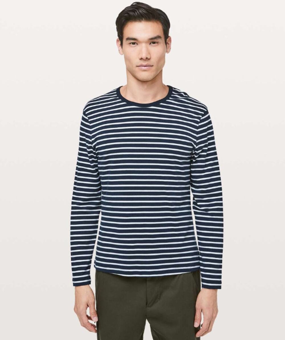 Lululemon Navy Blue White Stripe 5 Year Basic Long Sleeve Shirt Men's size Large